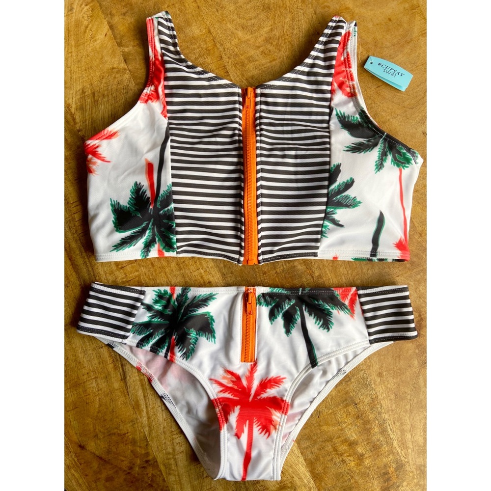 NWT Cupshe Zipper Front Palm Print Bikini Set XL